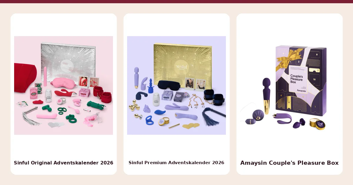Drei Sexadventskalender und Boxen aus der Rangliste nebeneinander: Sinful Original Adventskalender 2026, Sinful Premium Adventskalender 2026 und Amaysin Couple's Pleasure Box